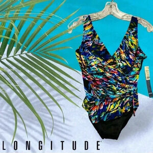 Longitude, Ruffle Surplice  Long Torso One Piece Swimsuit, Size 8, Black ☀️